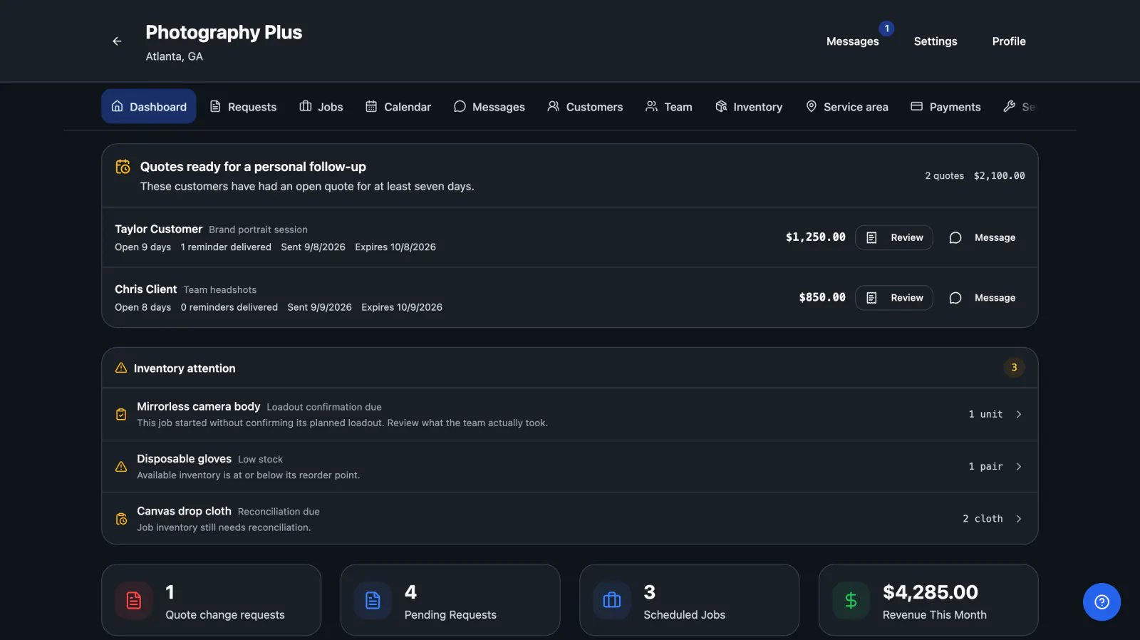 FieldWorks admin dashboard showing quotes ready for follow-up, inventory attention, revenue this month, pending requests, and scheduled jobs