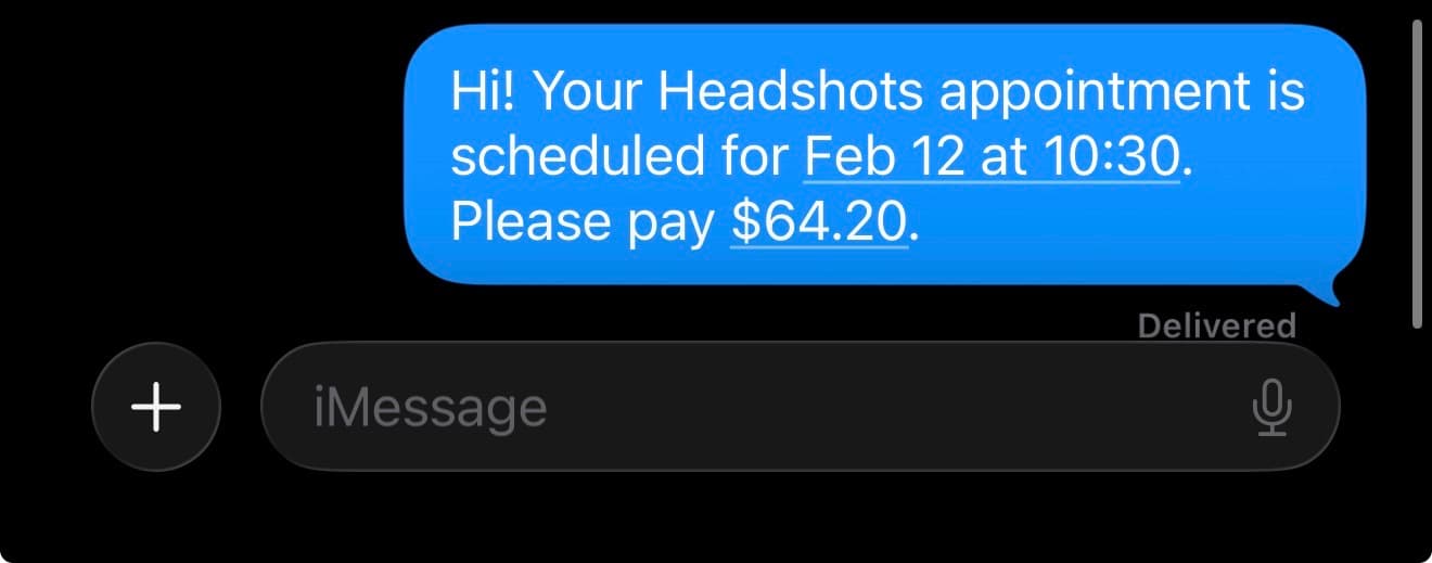 Standard text message quote sent to customer