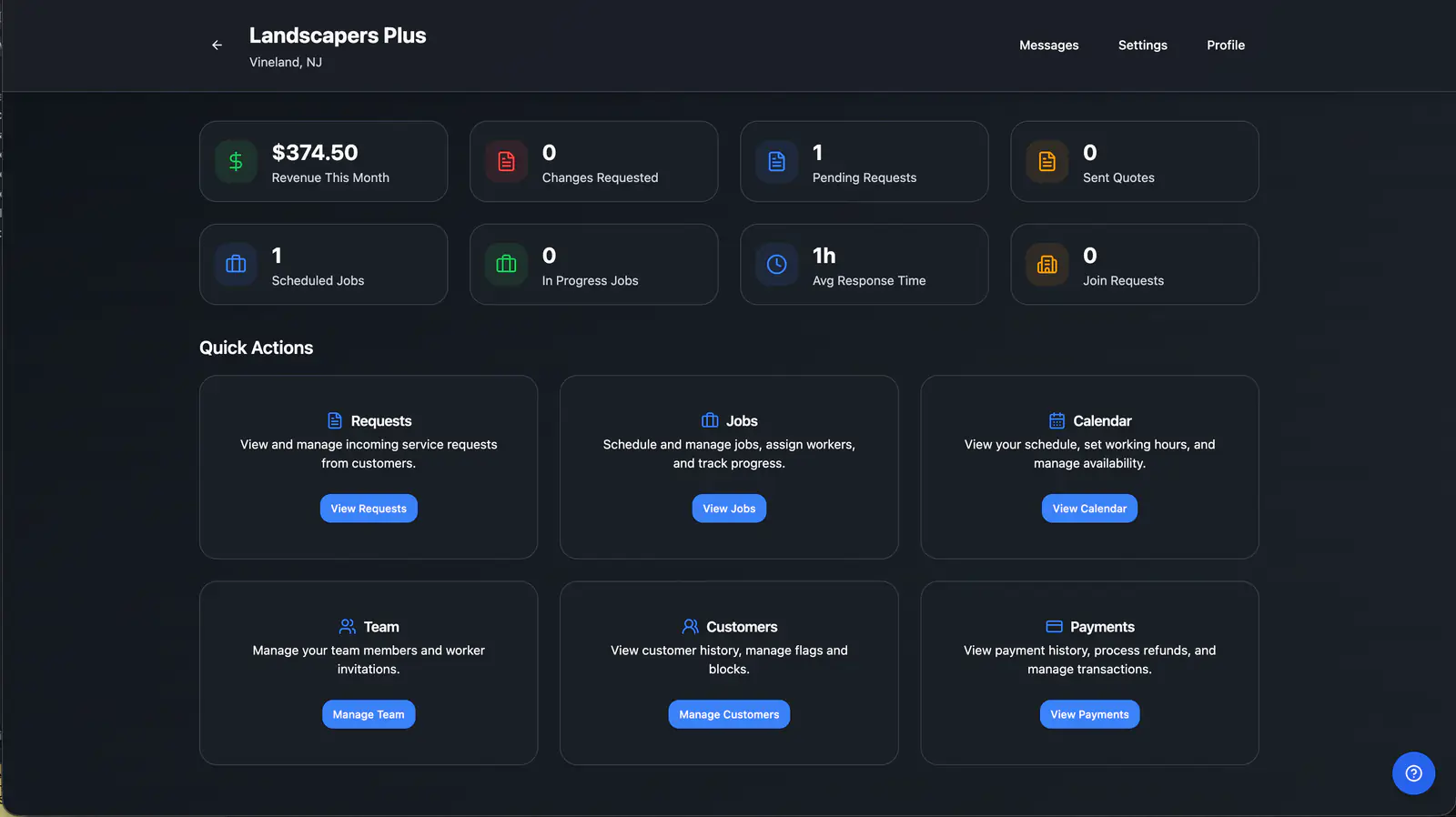FieldWorks business dashboard showing service operations