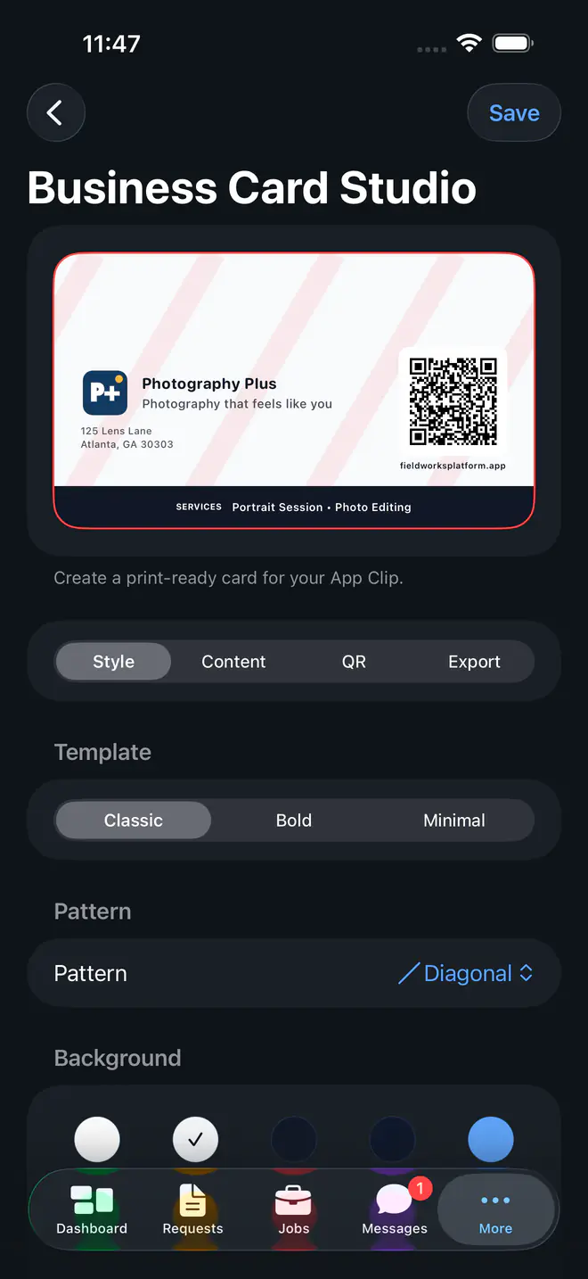FieldWorks business card editor with a reusable service request QR code