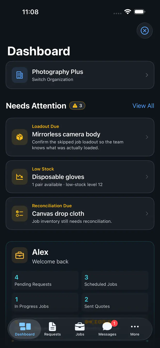 Mobile dashboard showing inventory items that need attention