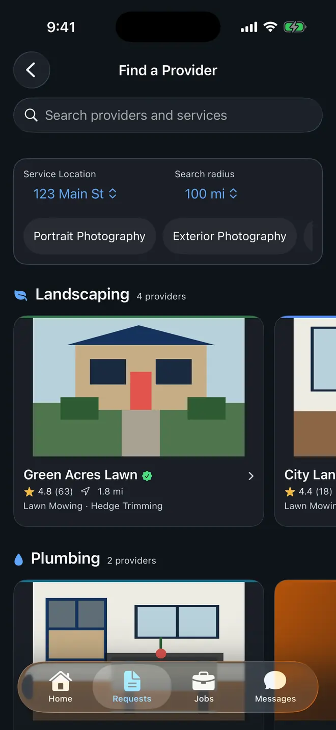 FieldWorks customer app showing provider categories near a selected service location