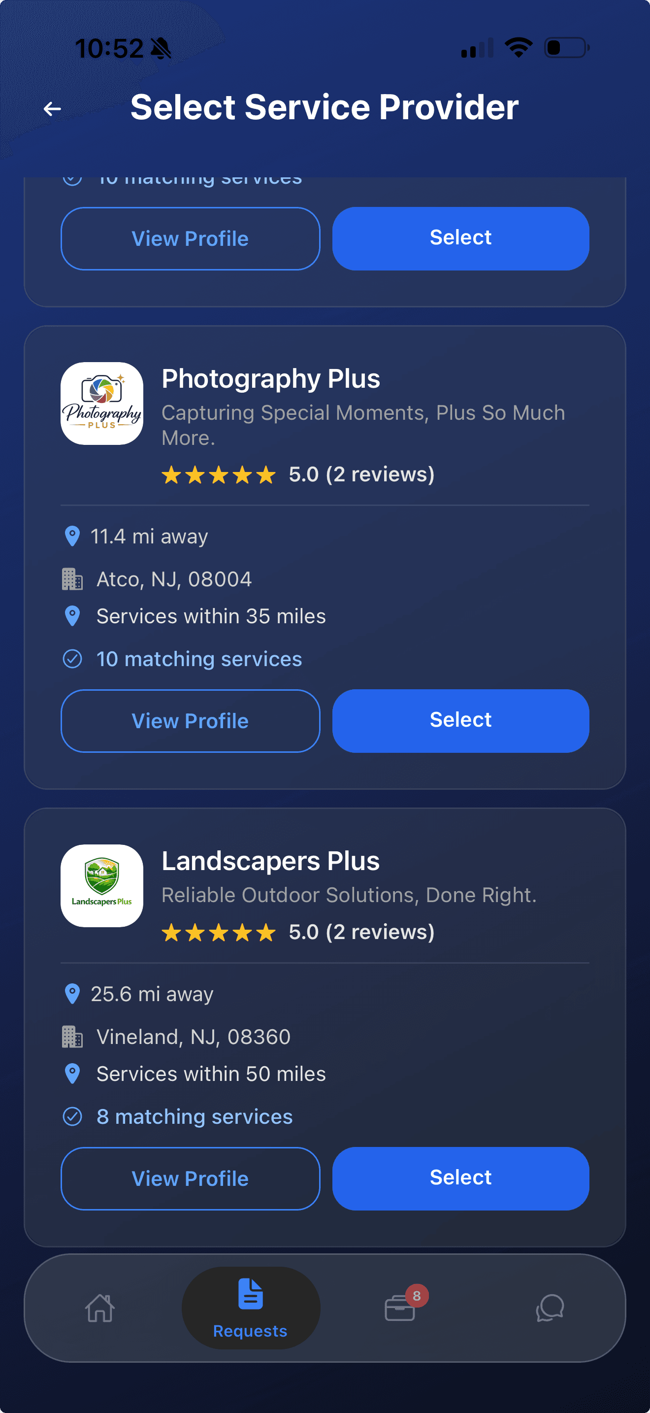 Customer searching for local service providers on FieldWorks